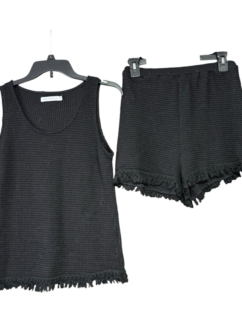Miss Sparkling size medium Black Knit Tank with Fringed Hem & Matching Shorts